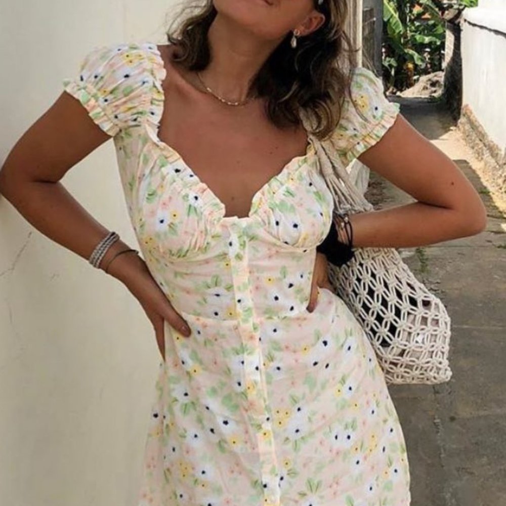 With Jéan Isabell Dress in Pansé Rosa print | XS | Color: Coral, Green, Yellow